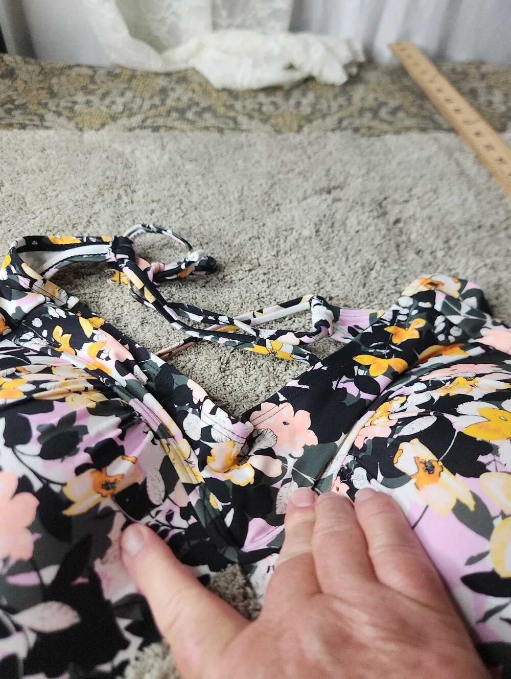 Floral V-Neck Crop Swim Top in Black and Yellow - Women Tops - Decree - 0X